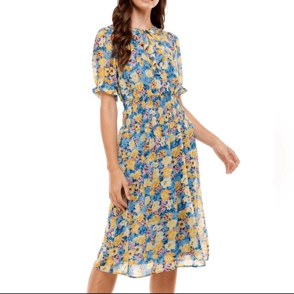 Collective Concepts Floral Blue and Yellow Dress size M
